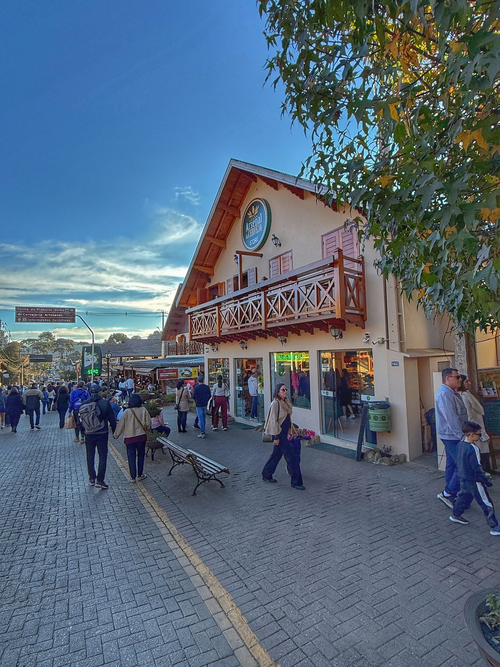 Avenida principal de Monte Verde com pedestres passeando em frente ao Arsenal da Cerveja